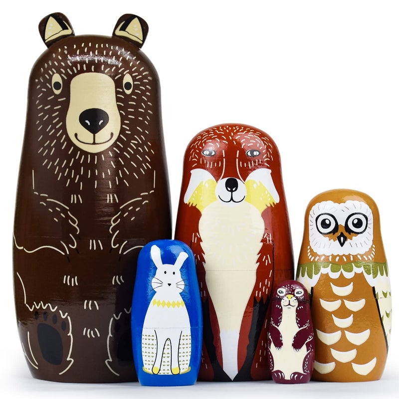 GRPSKCOS Russian Nesting Dolls Animal Bear Matryoshka Dolls Cute Handmade Wooden Toys Set of 5 for Kidsï¼ˆ01 Bearï¼‰ - Image 1
